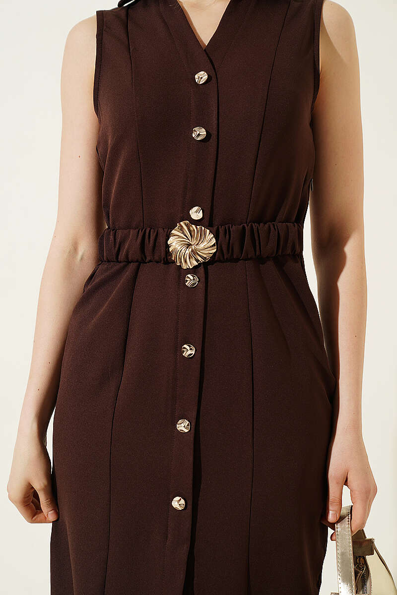 Sleeveless Midi Dress with Button Look - Brown