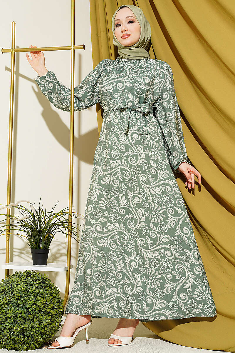 Belted Lily Print Dress - Almond Green