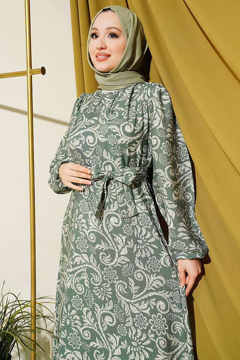 Belted Lily Print Dress - Almond Green