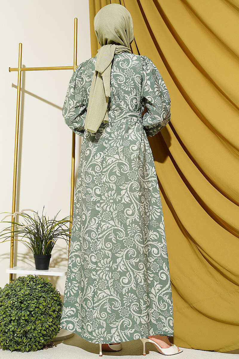 Belted Lily Print Dress - Almond Green