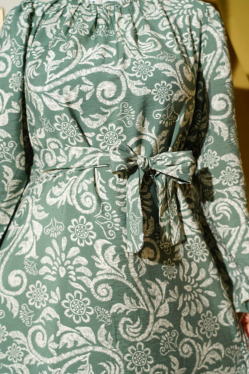 Belted Lily Print Dress - Almond Green