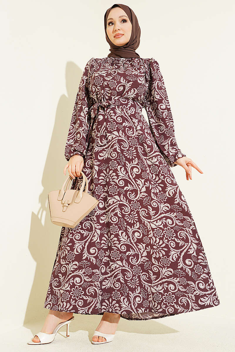 Belted Lily Print Dress - Brown