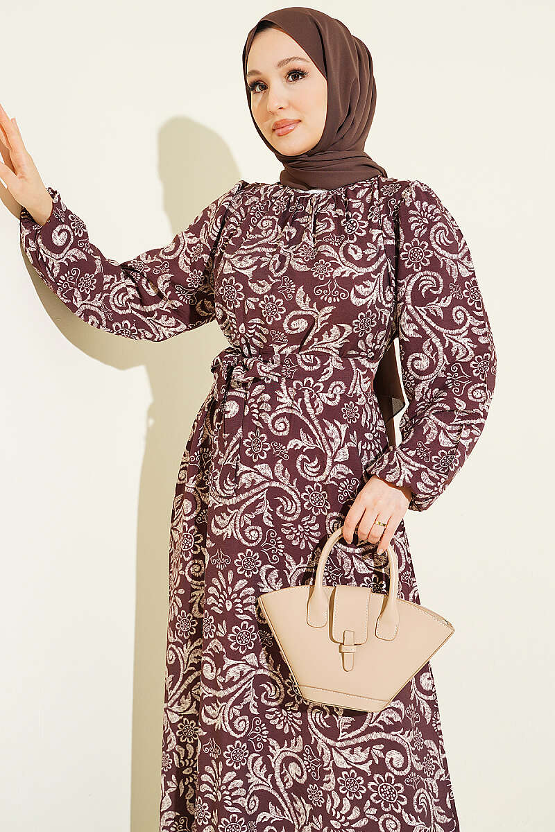 Belted Lily Print Dress - Brown
