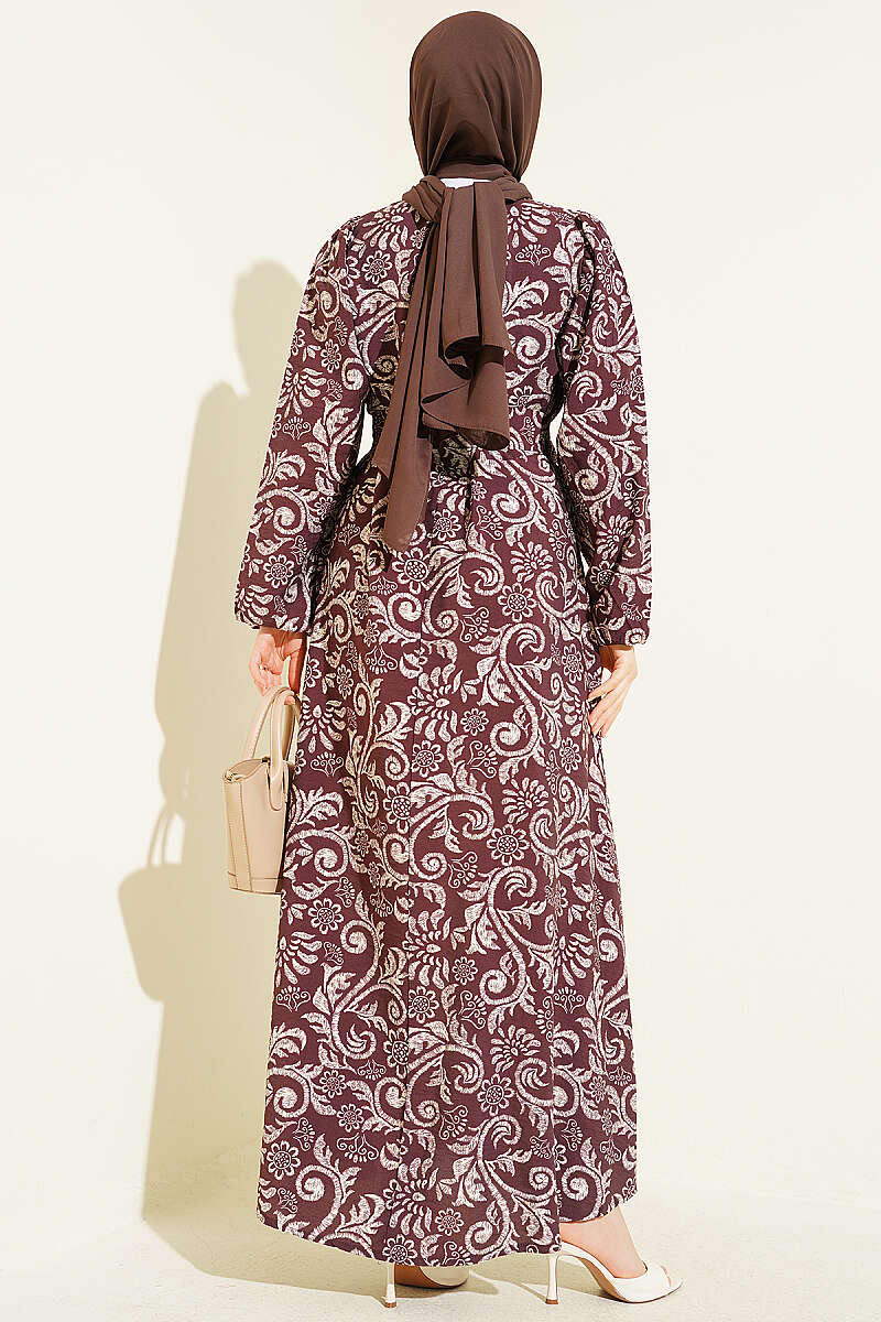 Belted Lily Print Dress - Brown