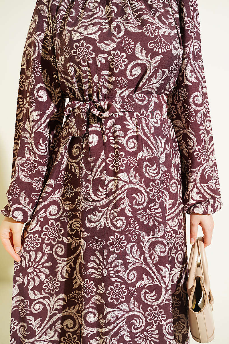 Belted Lily Print Dress - Brown