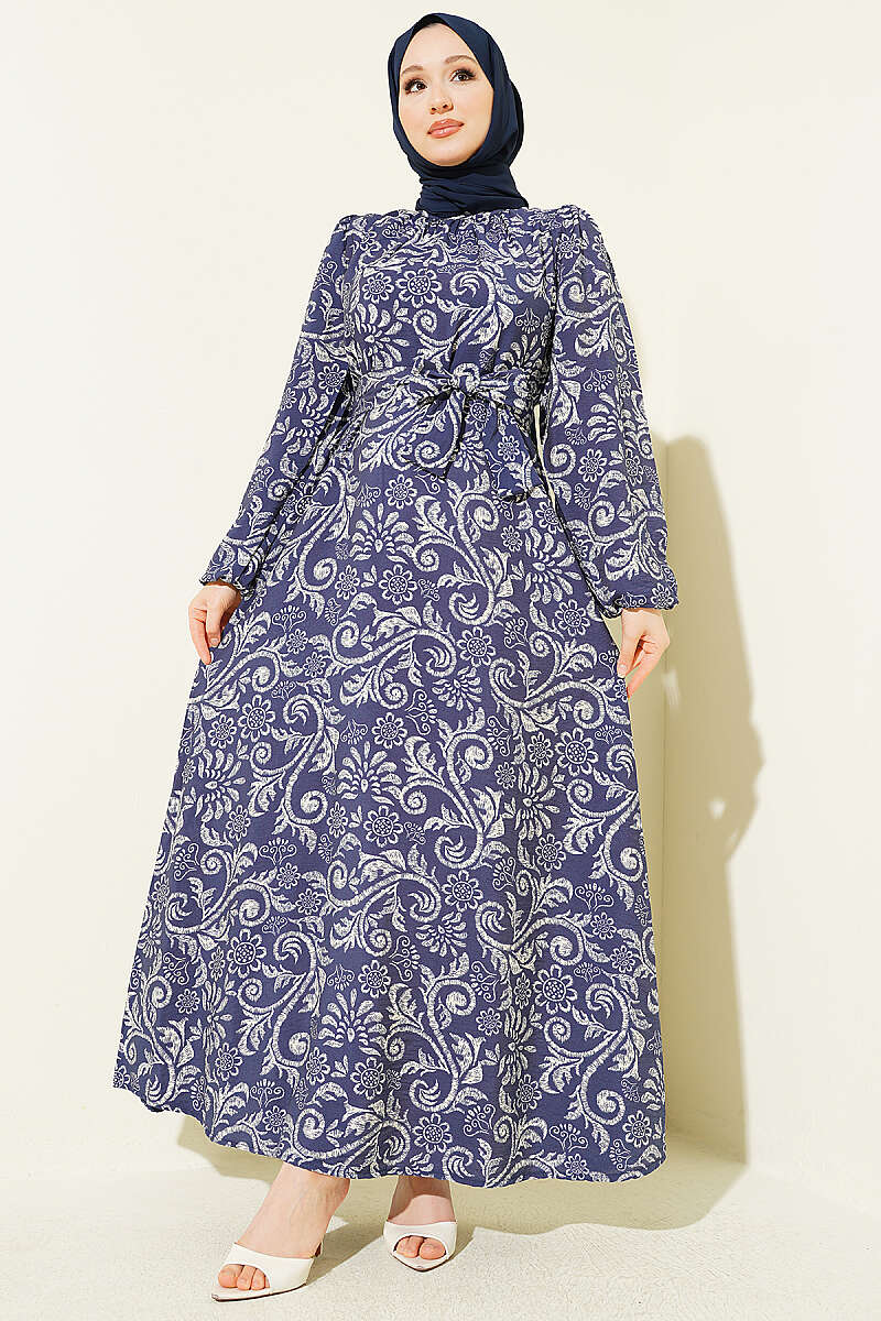 Belted Lily Print Dress - Navy