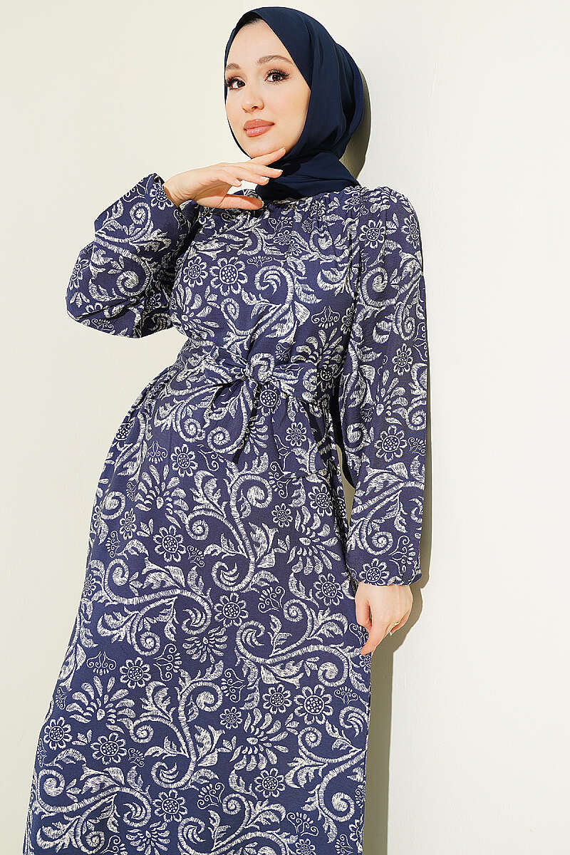 Belted Lily Print Dress - Navy