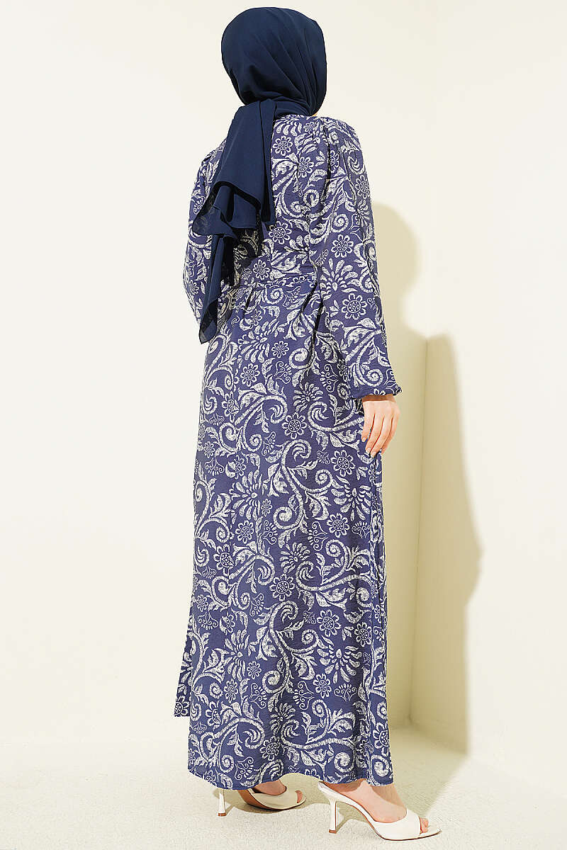 Belted Lily Print Dress - Navy