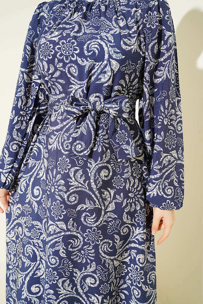 Belted Lily Print Dress - Navy