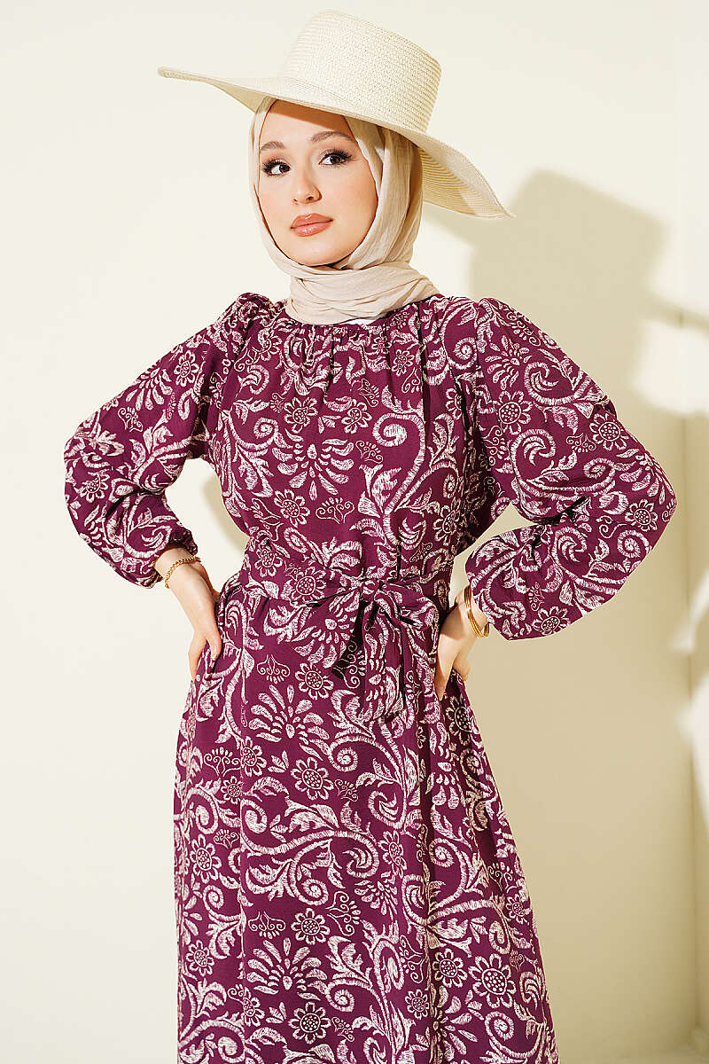 Belted Lily Print Dress - Plum