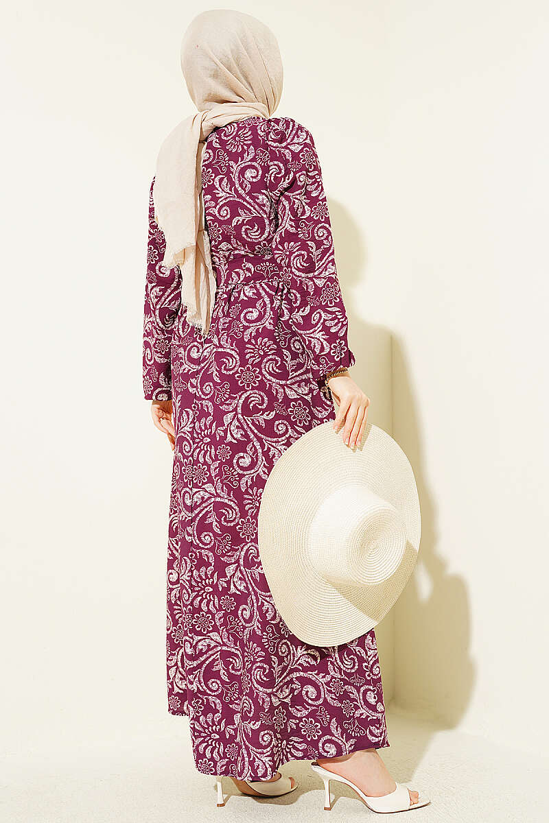 Belted Lily Print Dress - Plum