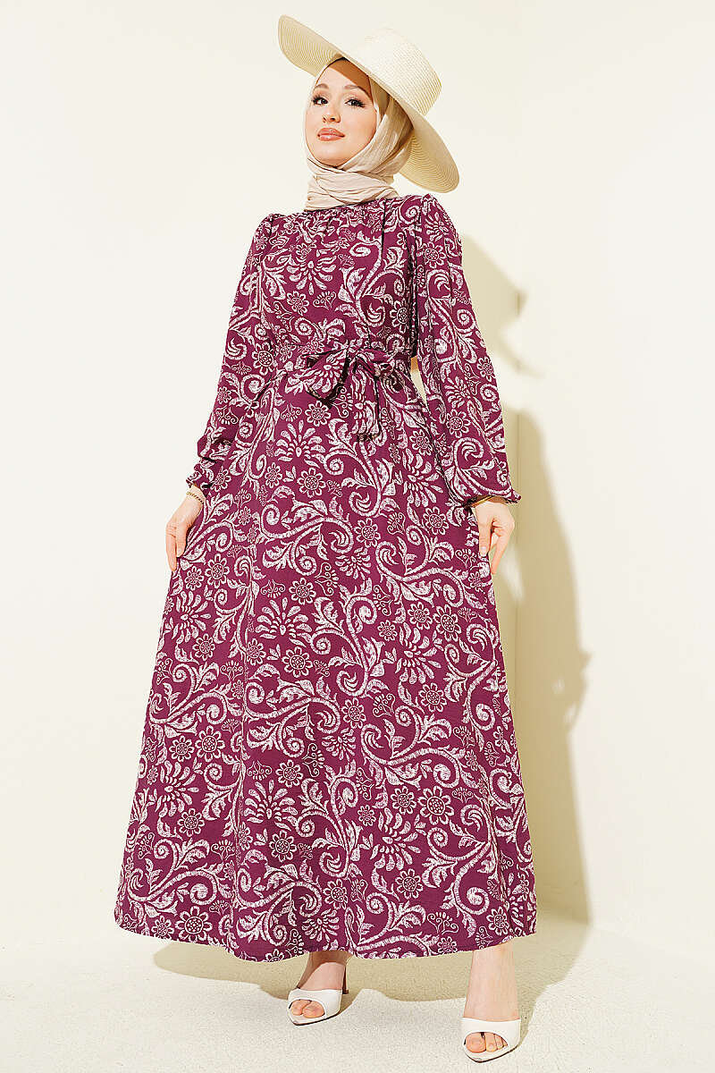 Belted Lily Print Dress - Plum