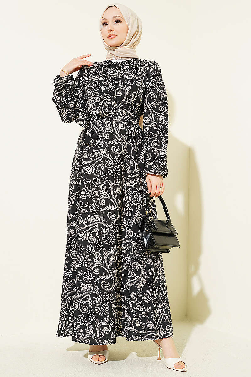 Belted Lily Print Dress - Black