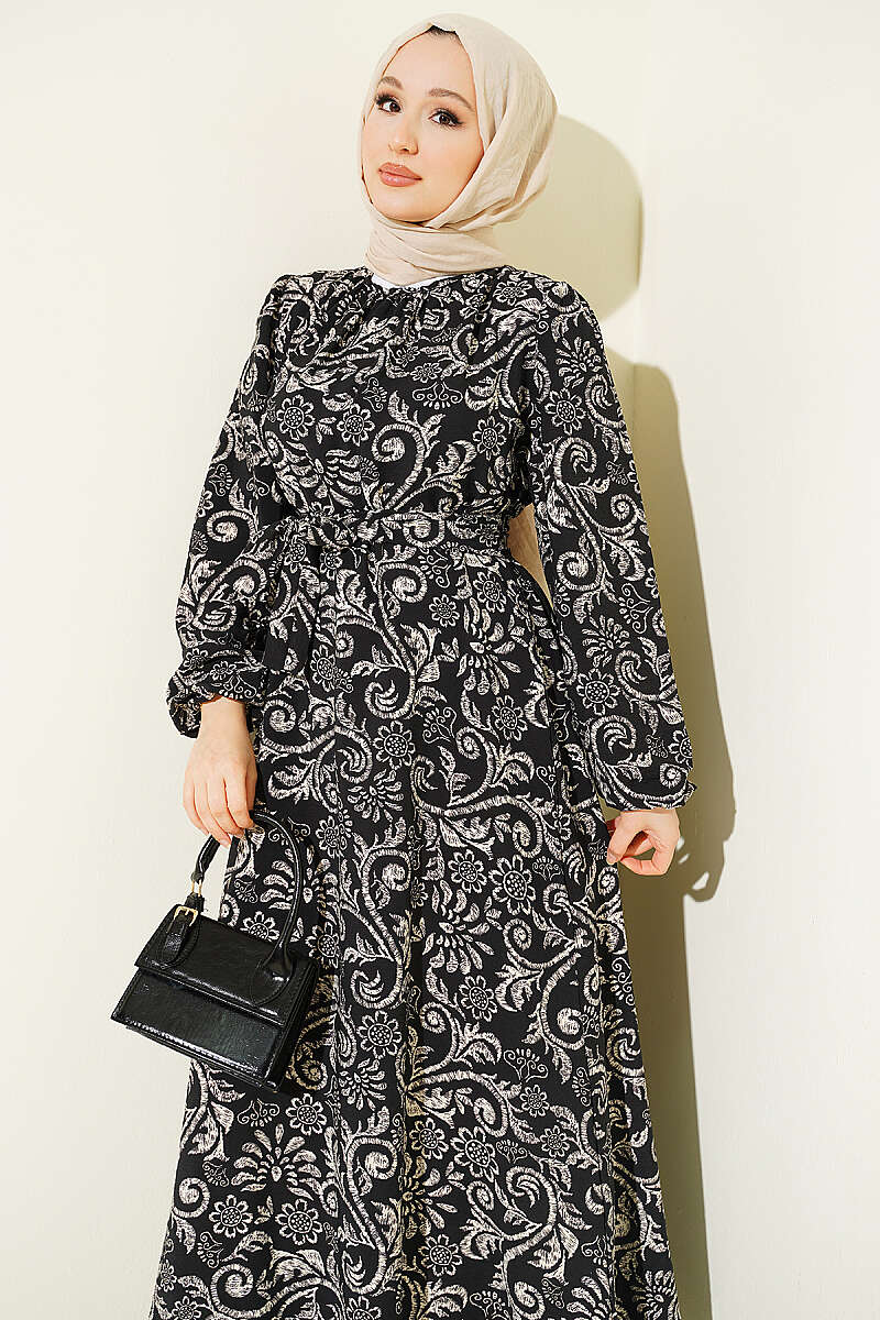 Belted Lily Print Dress - Black
