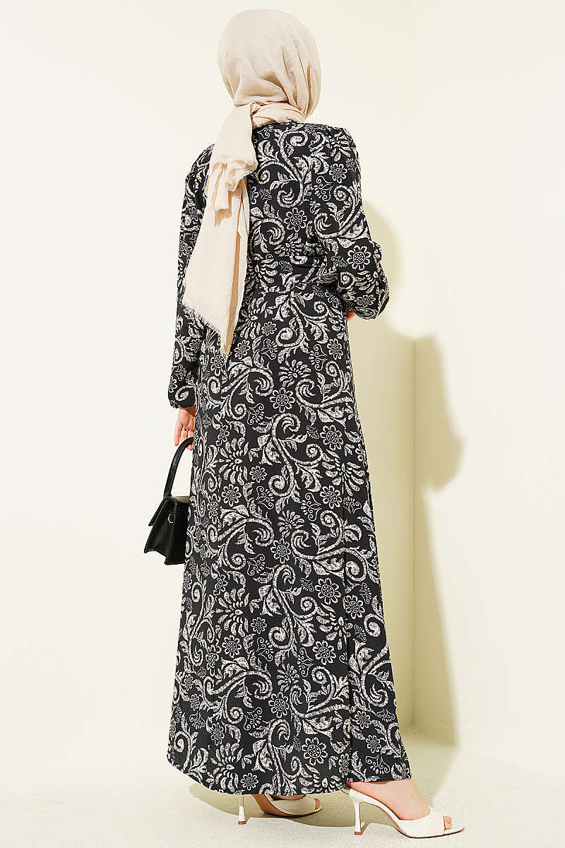 Belted Lily Print Dress - Black