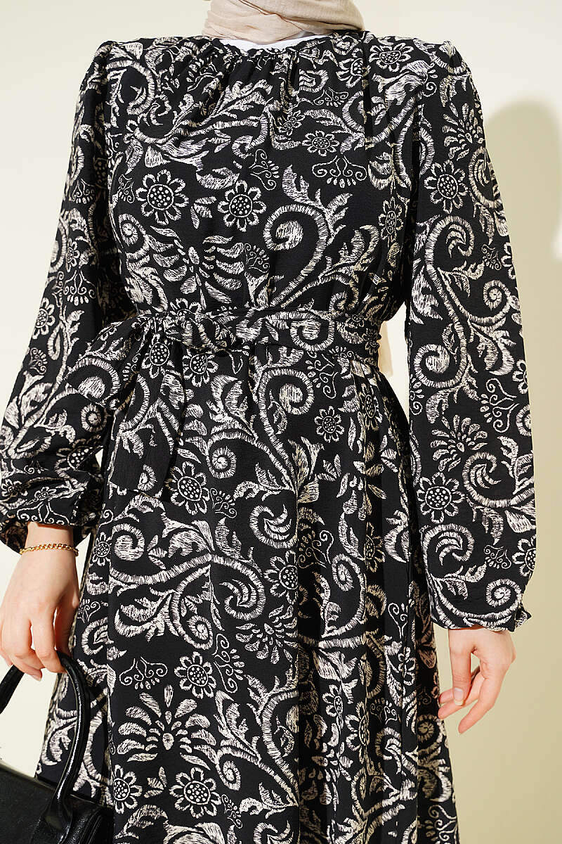 Belted Lily Print Dress - Black