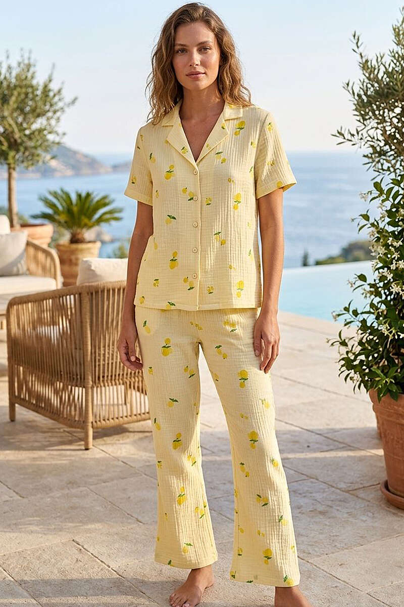 Lemon Print Muslin Short-Sleeve Pyjama Set - Yellow