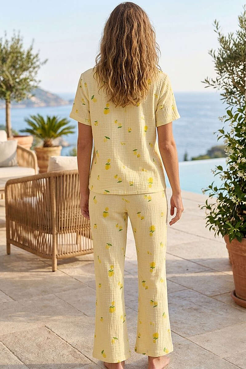 Lemon Print Muslin Short-Sleeve Pyjama Set - Yellow