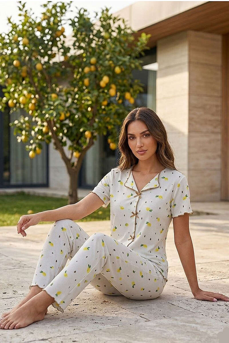 Lemon Ribbon Print Short-Sleeve Pyjama Set - Beige