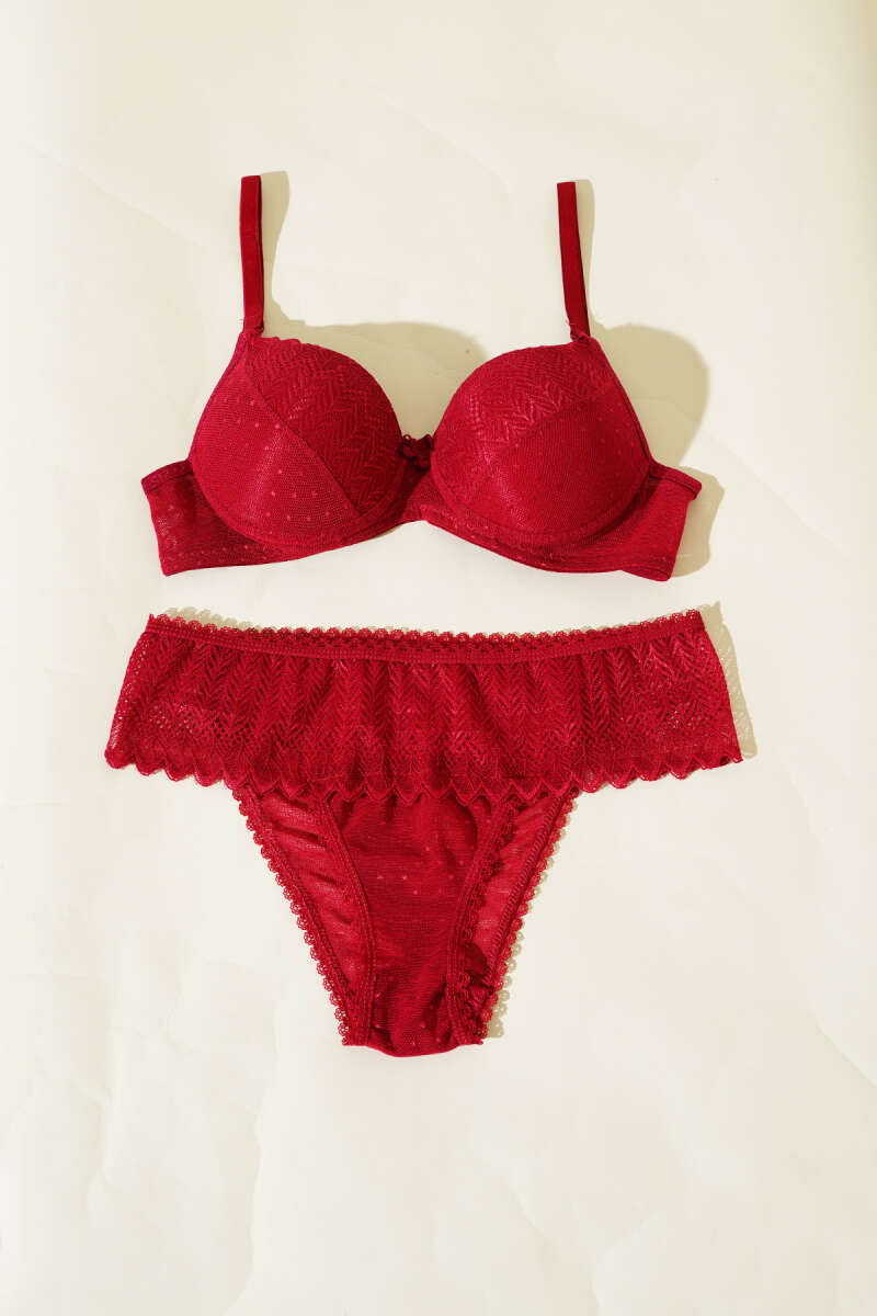 Lotus Padded Jacquard Bra Set - Burgundy