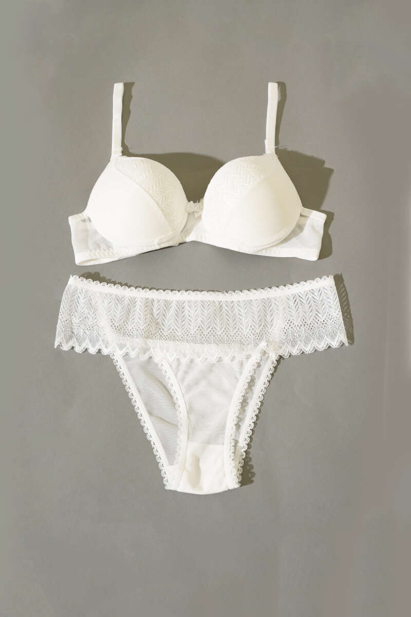 Lotus Padded Jacquard Bra Set - Ecru