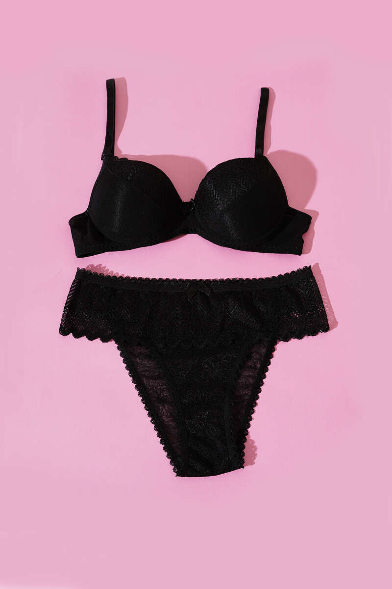 Lotus Padded Jacquard Bra Set - Black