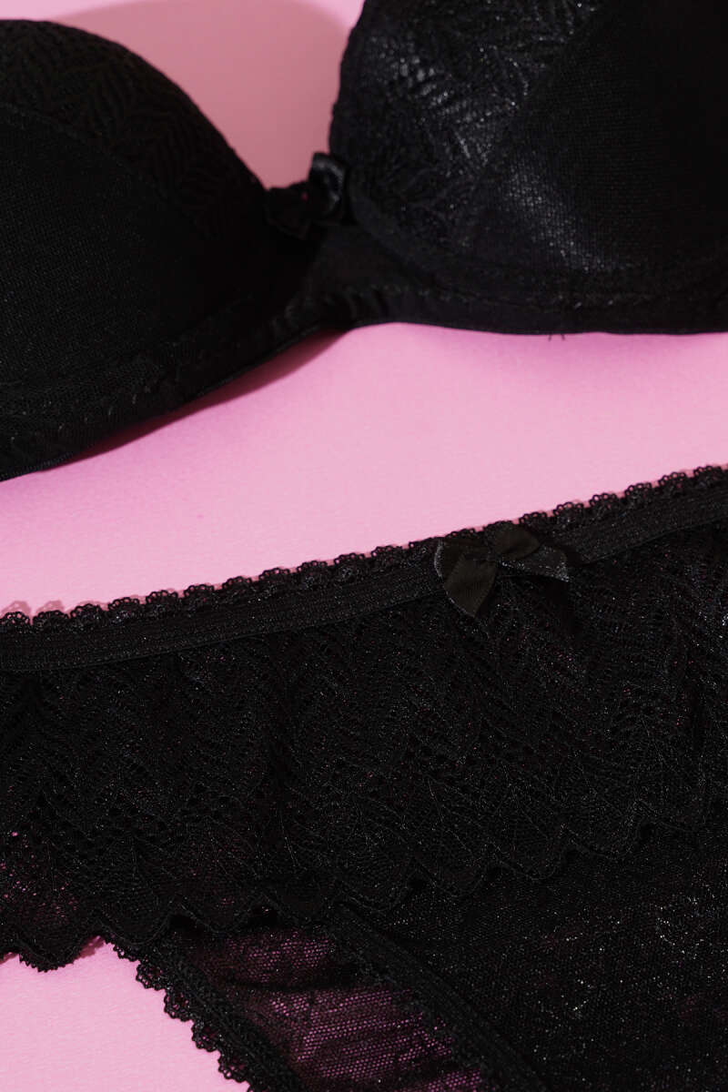 Lotus Padded Jacquard Bra Set - Black