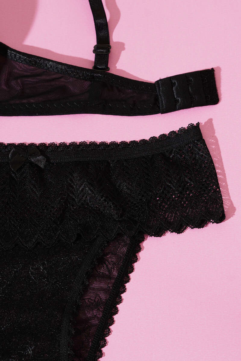 Lotus Padded Jacquard Bra Set - Black