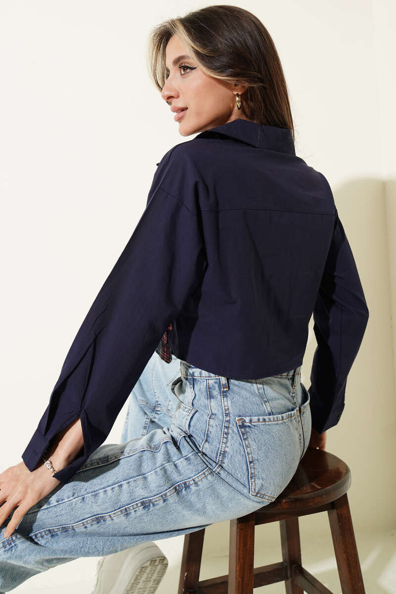Love Embroidered Crop Shirt - Navy