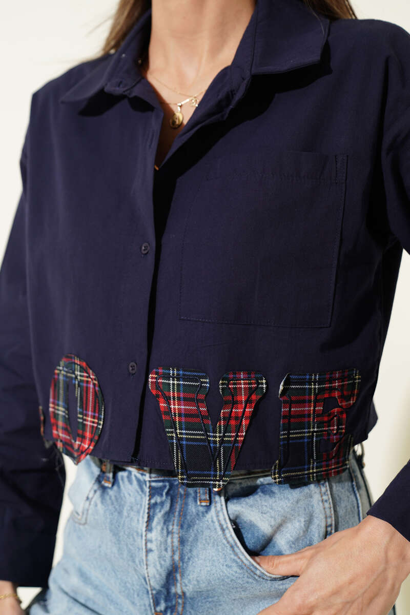 Love Embroidered Crop Shirt - Navy