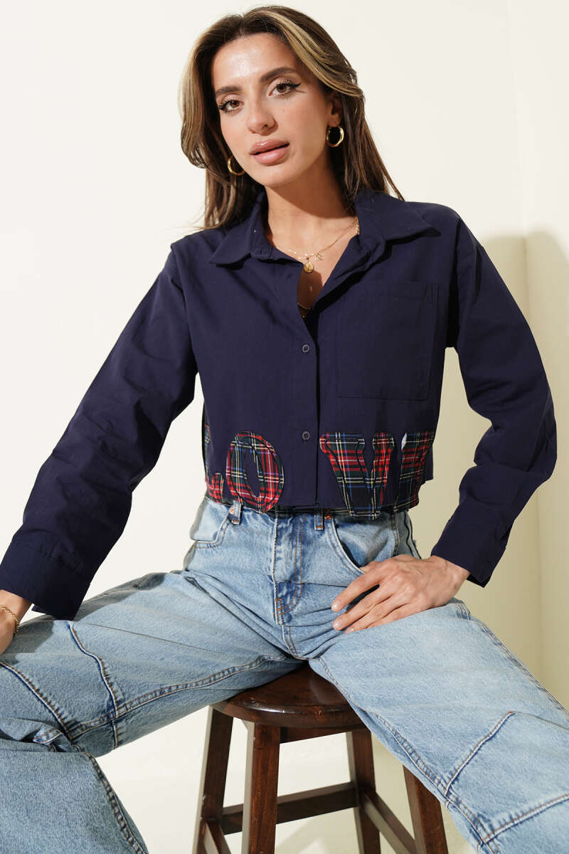 Love Embroidered Crop Shirt - Navy