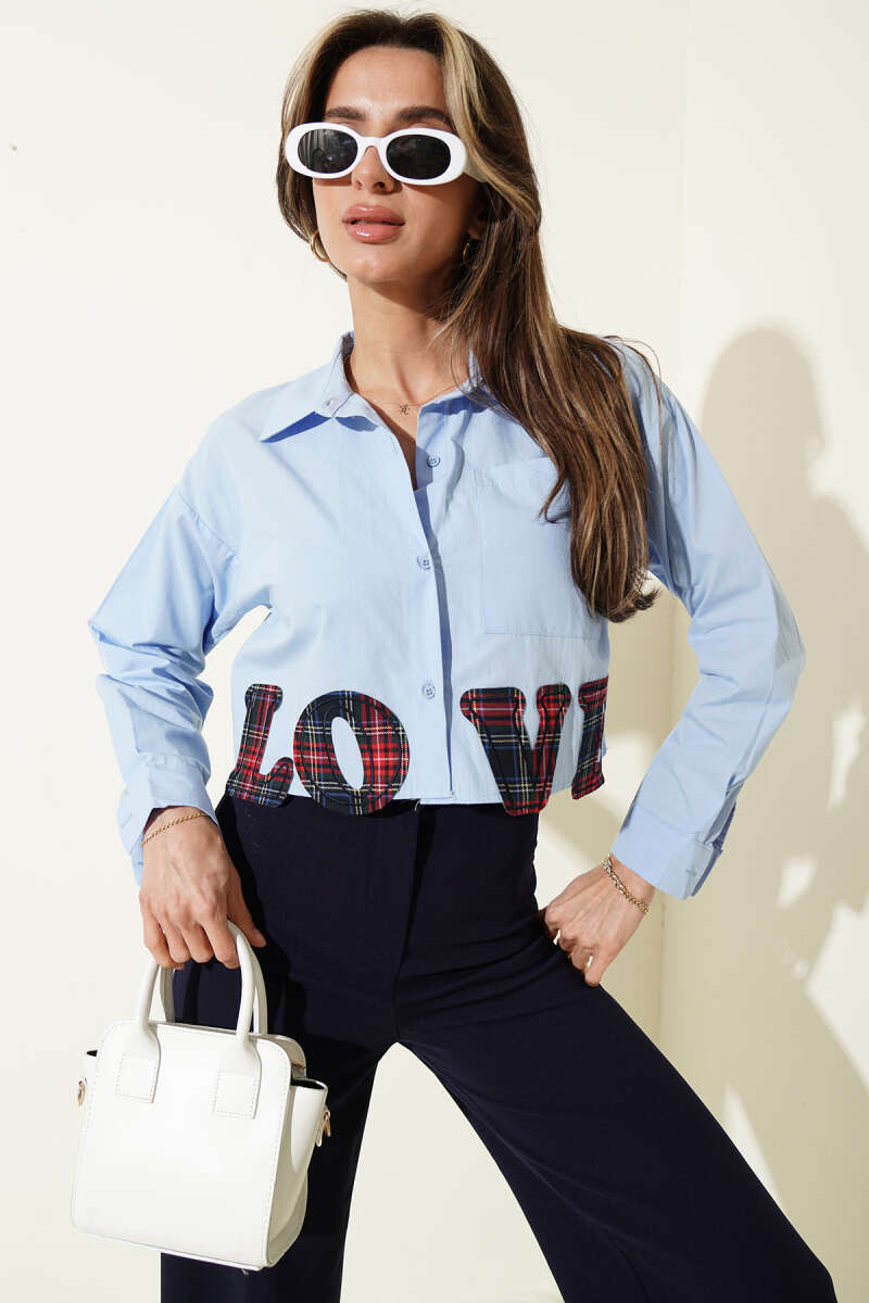 Love Embroidered Crop Shirt - Blue
