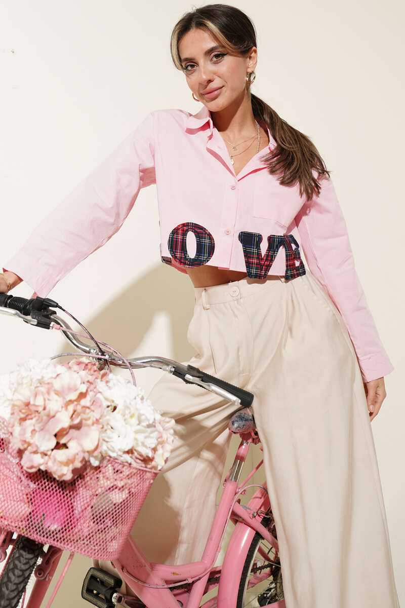 Love Embroidered Crop Shirt - Pink