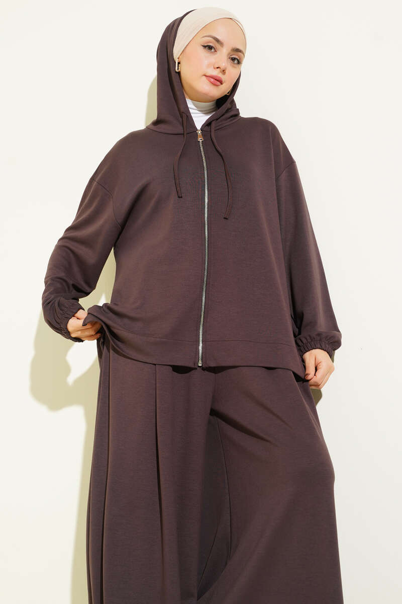 Basic Hooded Loycha Zip Two-Piece Set - Brown