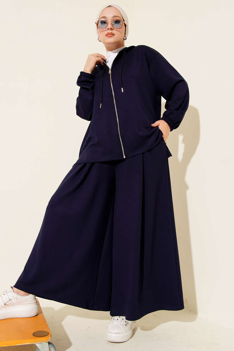 Basic Hooded Loycha Zip Two-Piece Set - Navy