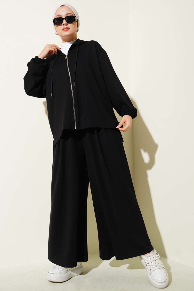 Basic Hooded Loycha Zip Two-Piece Set - Black
