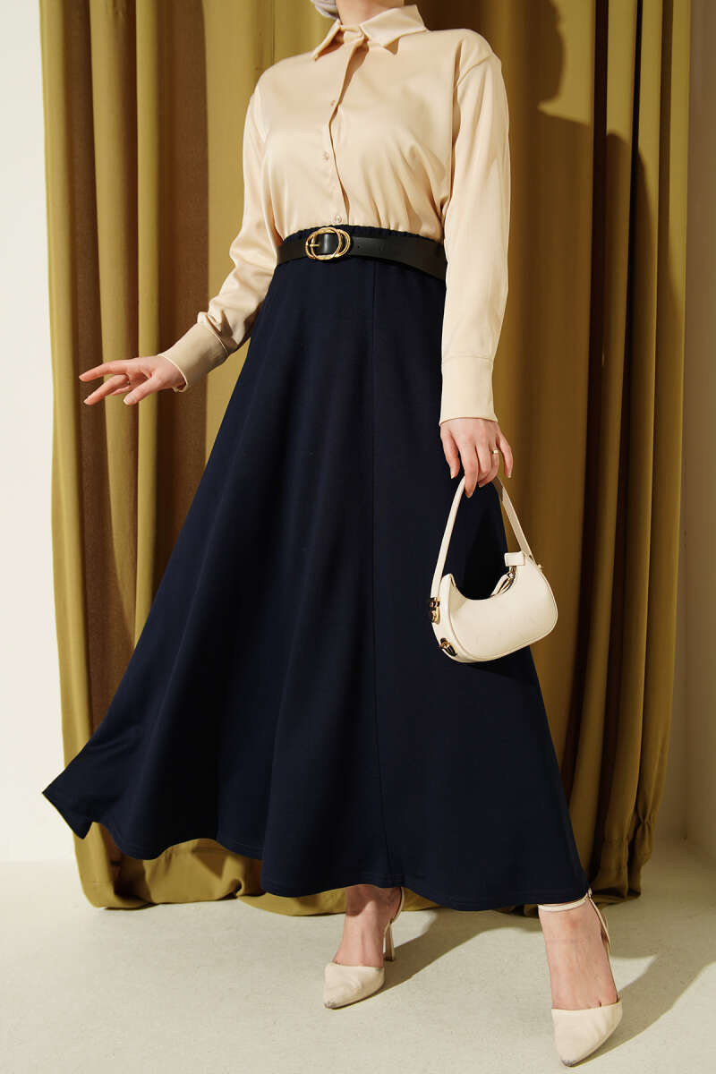 Belted Loycha Skirt with Elastic Waist - Navy