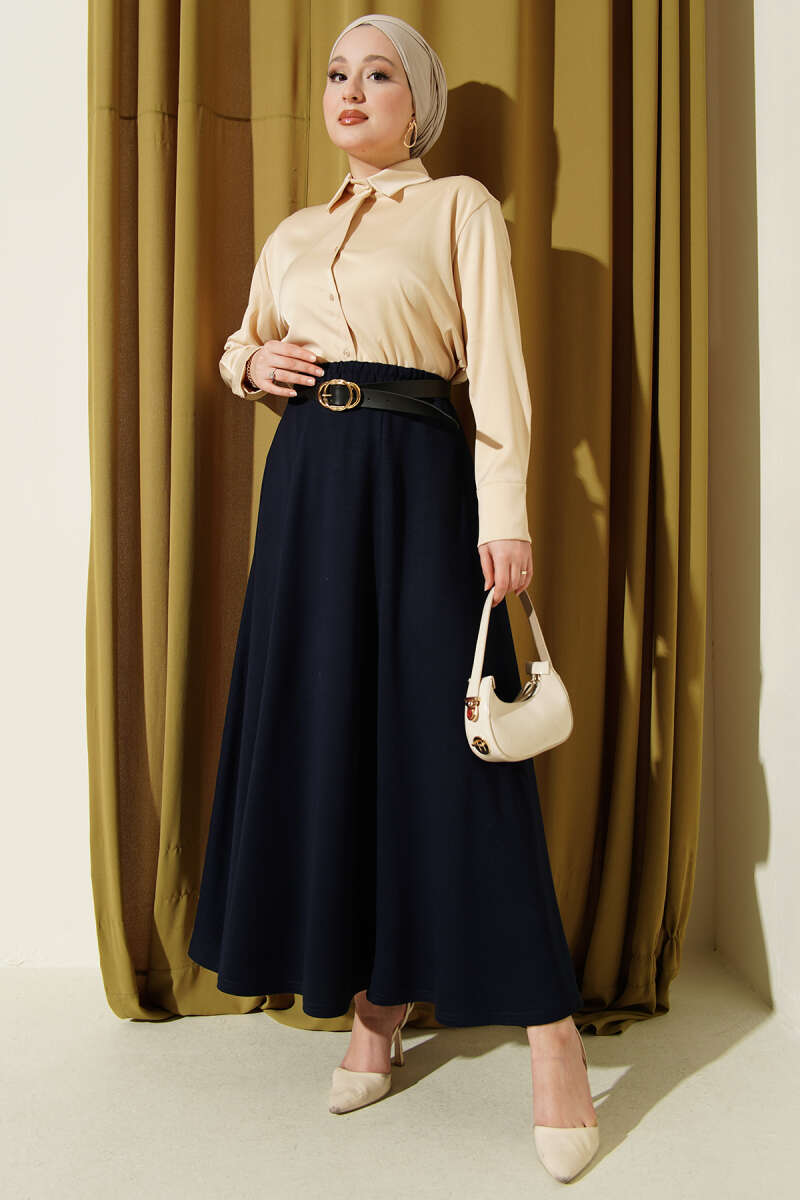 Belted Loycha Skirt with Elastic Waist - Navy