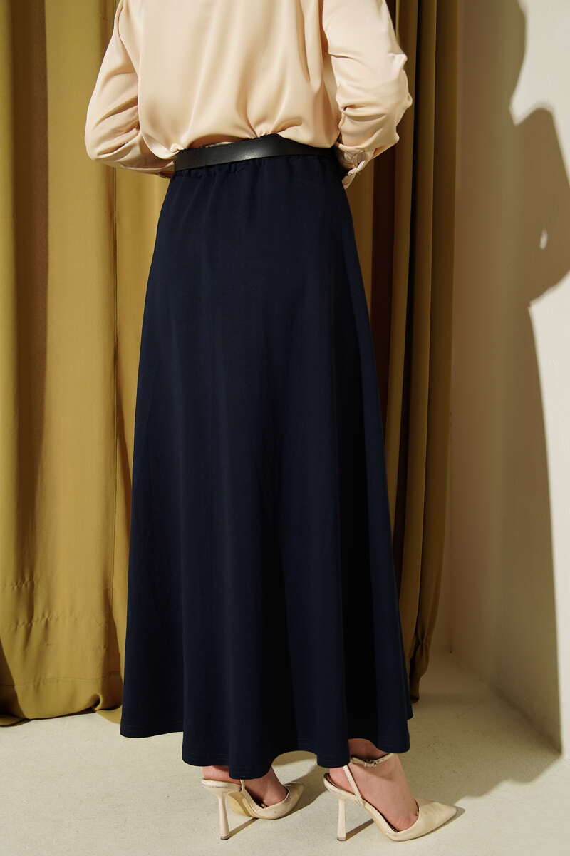 Belted Loycha Skirt with Elastic Waist - Navy