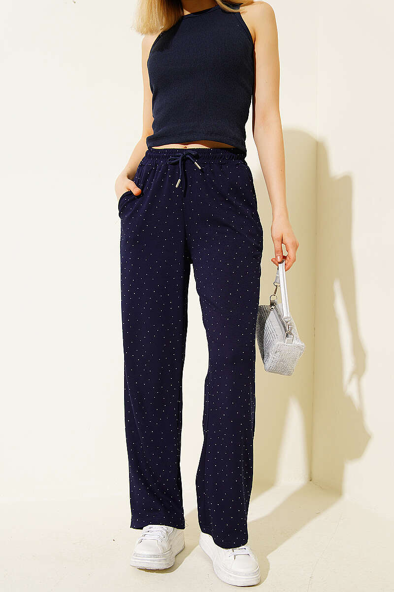 Jersey Trousers with Mini Stones and Elastic Waist - Navy