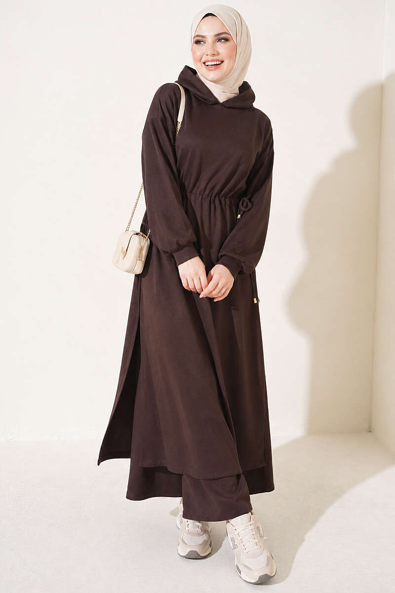 Long Tunic Set with Drawstring Waist - Dark Brown