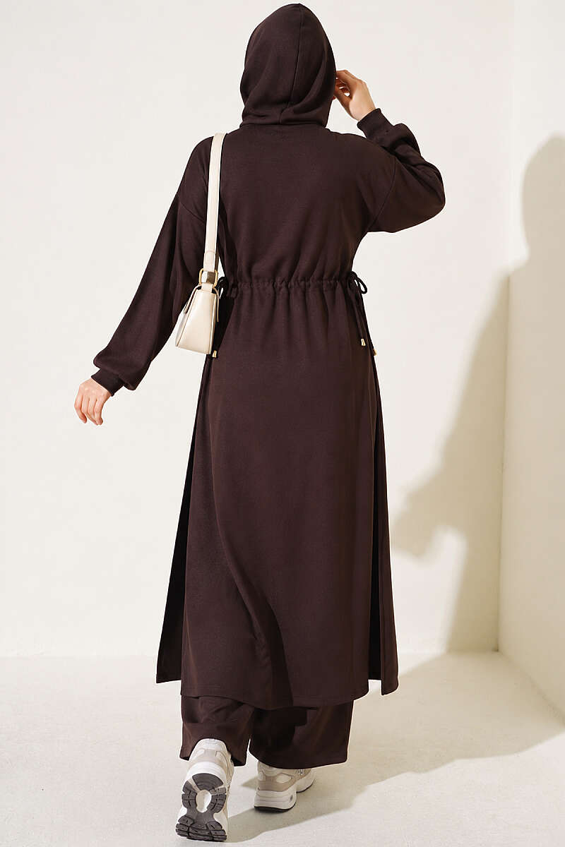 Long Tunic Set with Drawstring Waist - Dark Brown