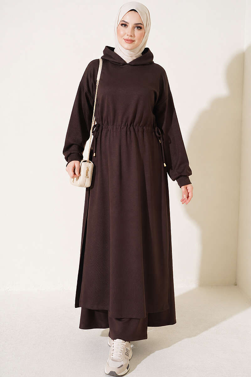 Long Tunic Set with Drawstring Waist - Dark Brown
