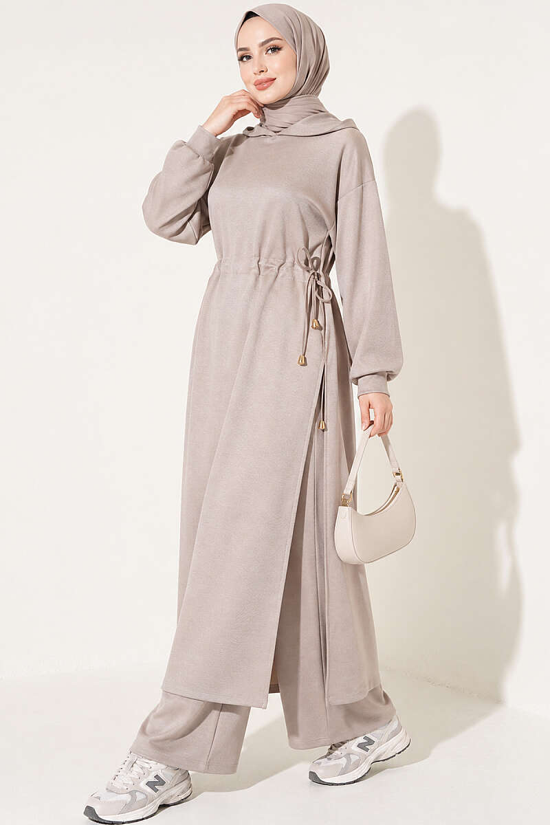 Long Tunic Set with Drawstring Waist - Beige