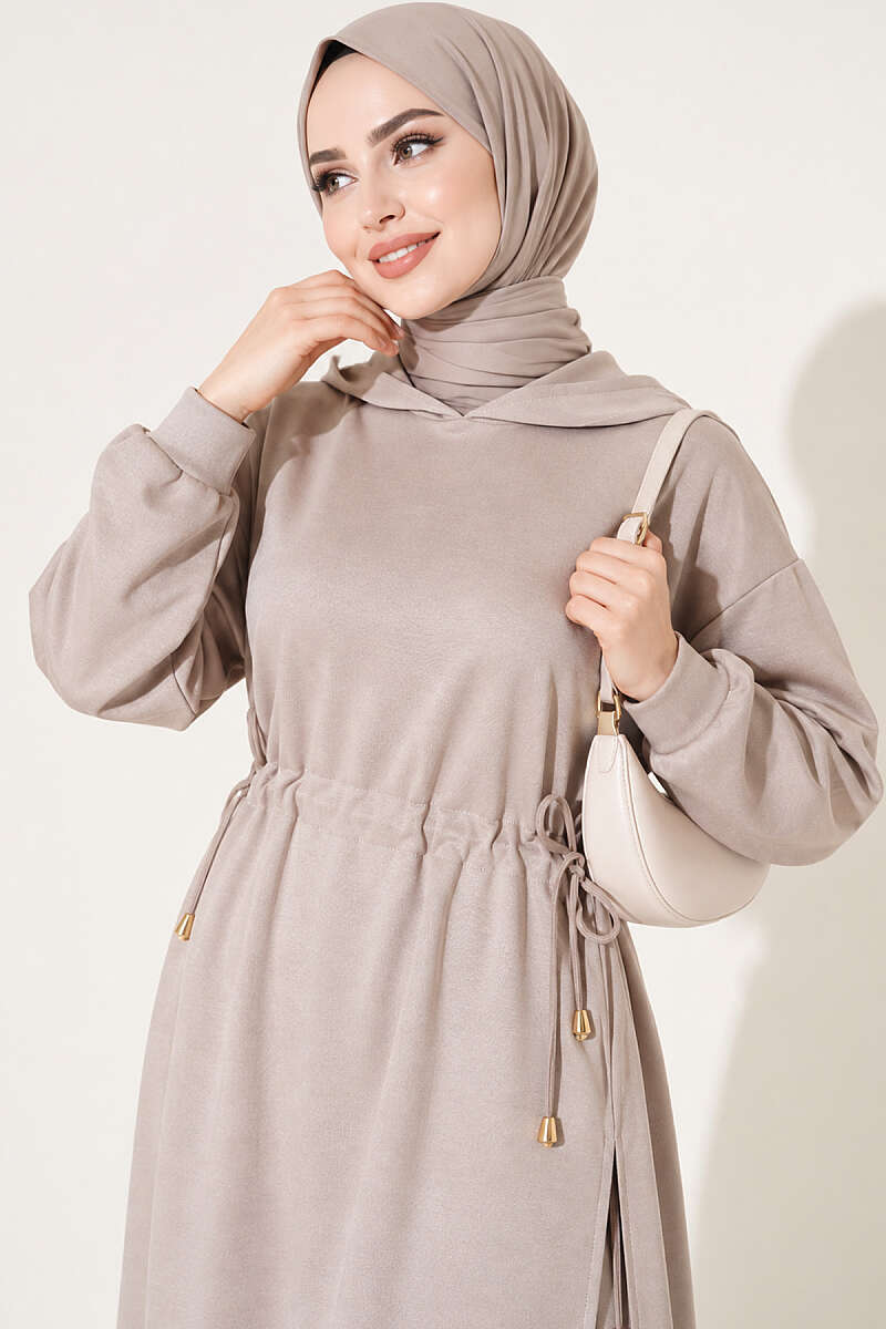 Long Tunic Set with Drawstring Waist - Beige