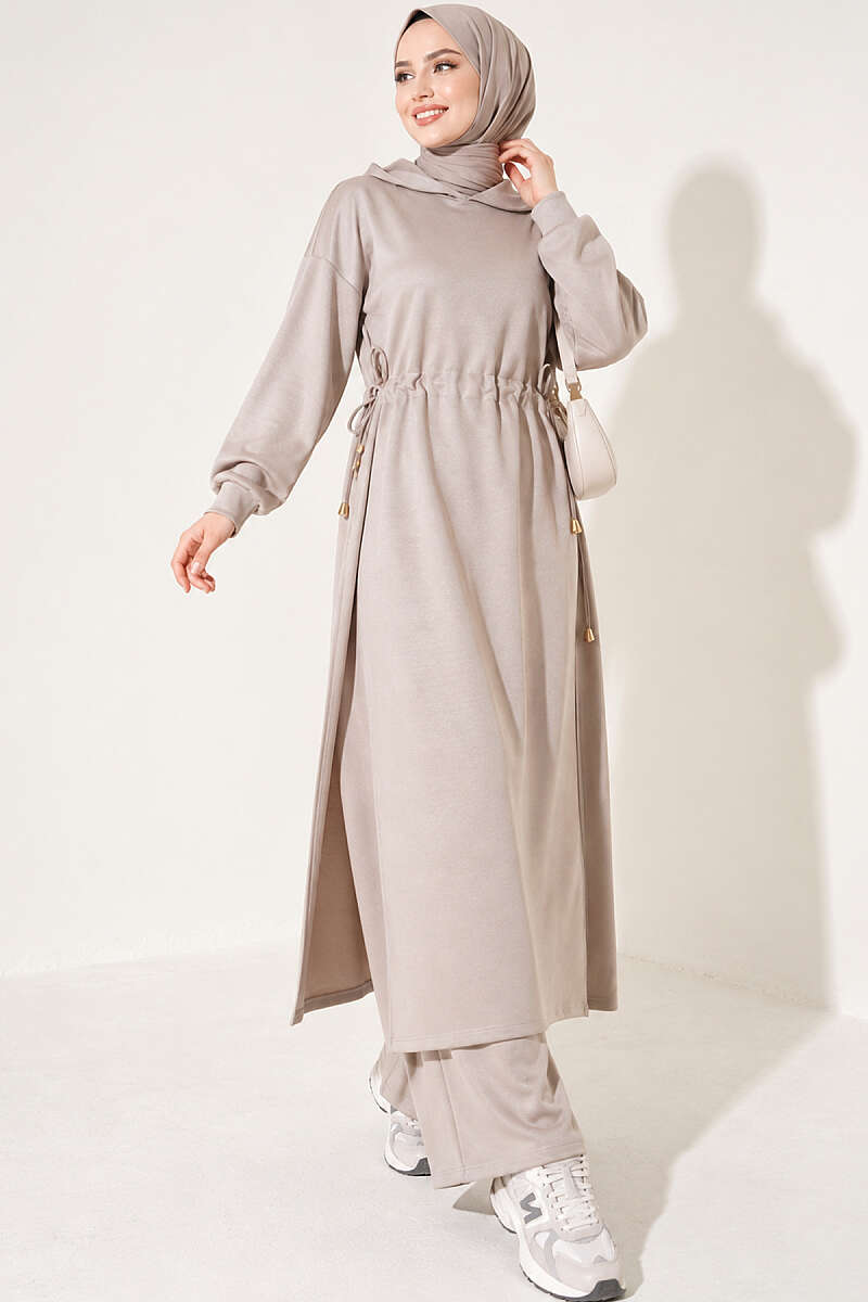 Long Tunic Set with Drawstring Waist - Beige