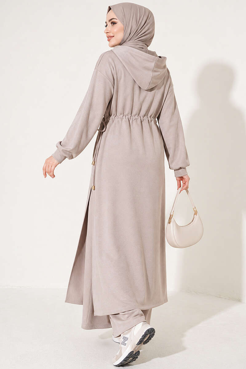 Long Tunic Set with Drawstring Waist - Beige