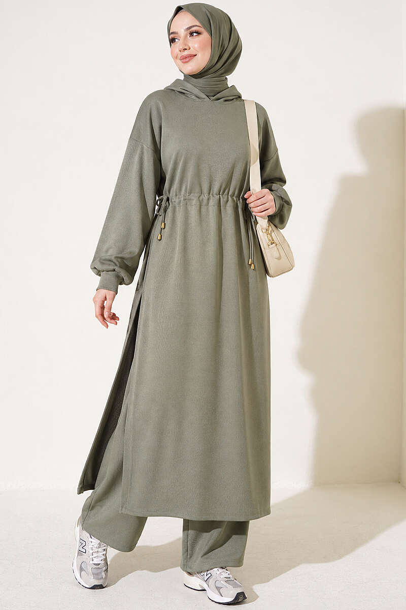 Long Tunic Set with Drawstring Waist - Almond Green