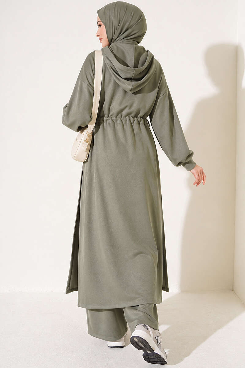 Long Tunic Set with Drawstring Waist - Almond Green