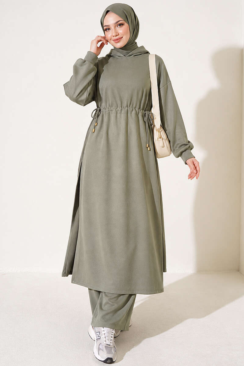 Long Tunic Set with Drawstring Waist - Almond Green